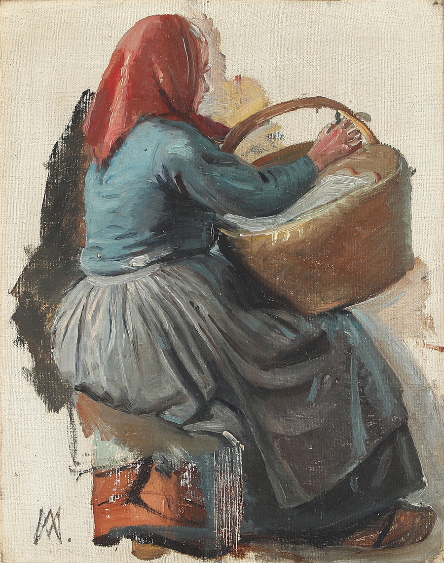 Une femme de dos portant un panier et un foulard rouge sur la tête. - Michael Peter Ancher