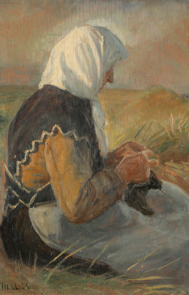 Une femme de pêcheur tricote dans les dunes. - Michael Peter Ancher image 1 copie de tableau peinte à la main