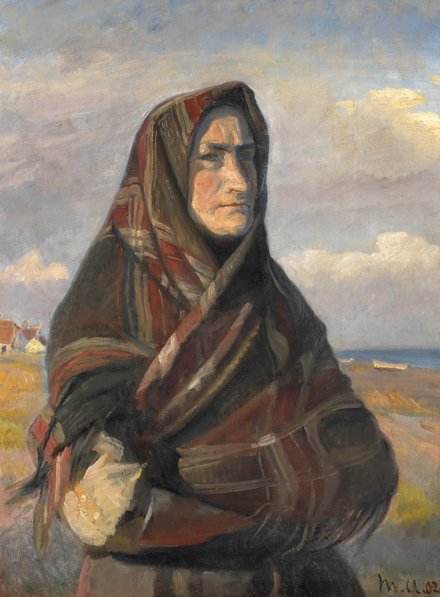 Une femme de pêcheur, vêtue d'un châle à carreaux, se tient dans les dunes près de Skagen et regarde la mer. - Michael Peter Ancher
