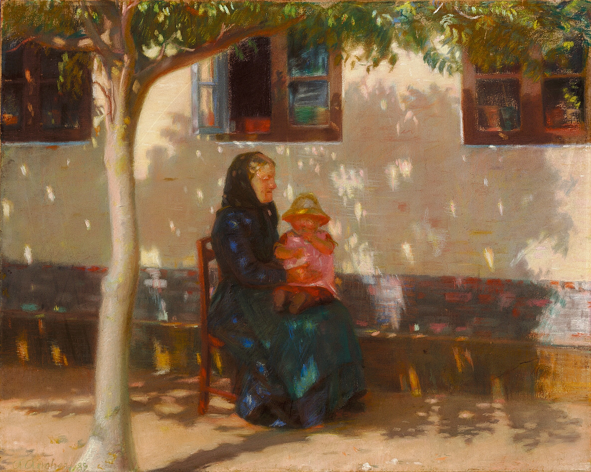 Une femme de Skagen assise avec le bébé Helga Ancher devant une maison blanche. - Anna Ancher image 1 reproduction réalisée par Alpha Reproduction