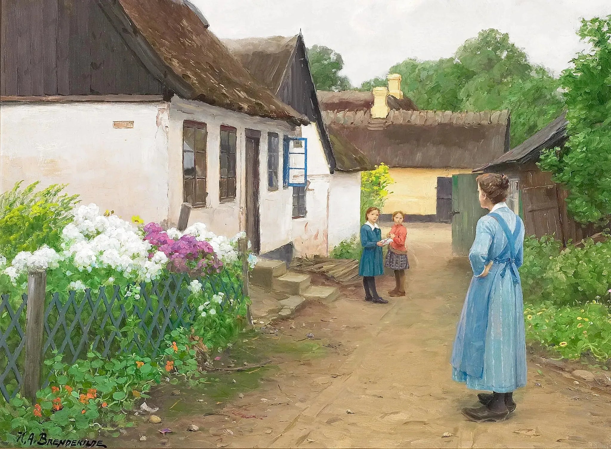 Une femme et quelques enfants dans une petite rue d'un village. - H. A. Brendekilde image 1 copie de tableau peinte à la main