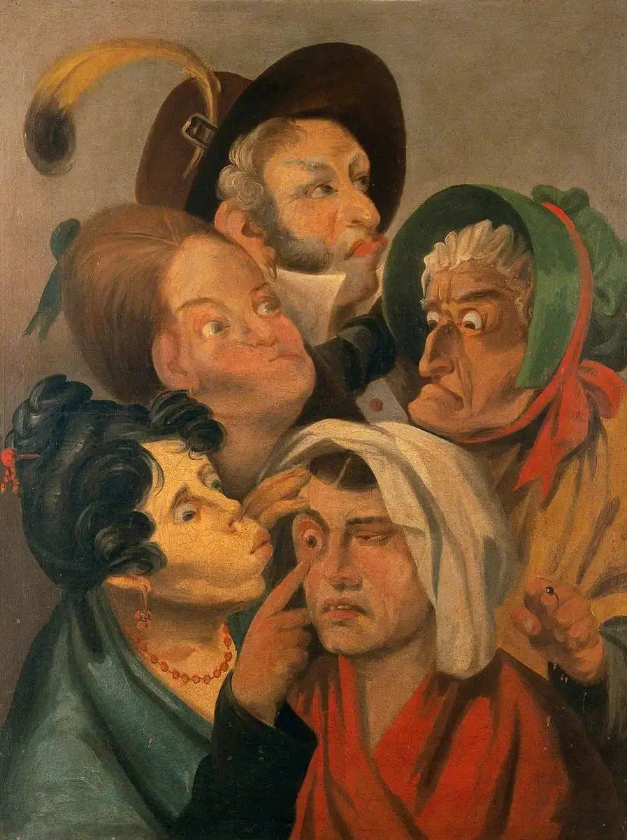 Une femme examine l'œil douloureux d'une autre femme, tandis qu'un homme et d'autres femmes se tiennent à côté - Louis-Léopold Boilly image 1 copie peinte à la main à l’huile
