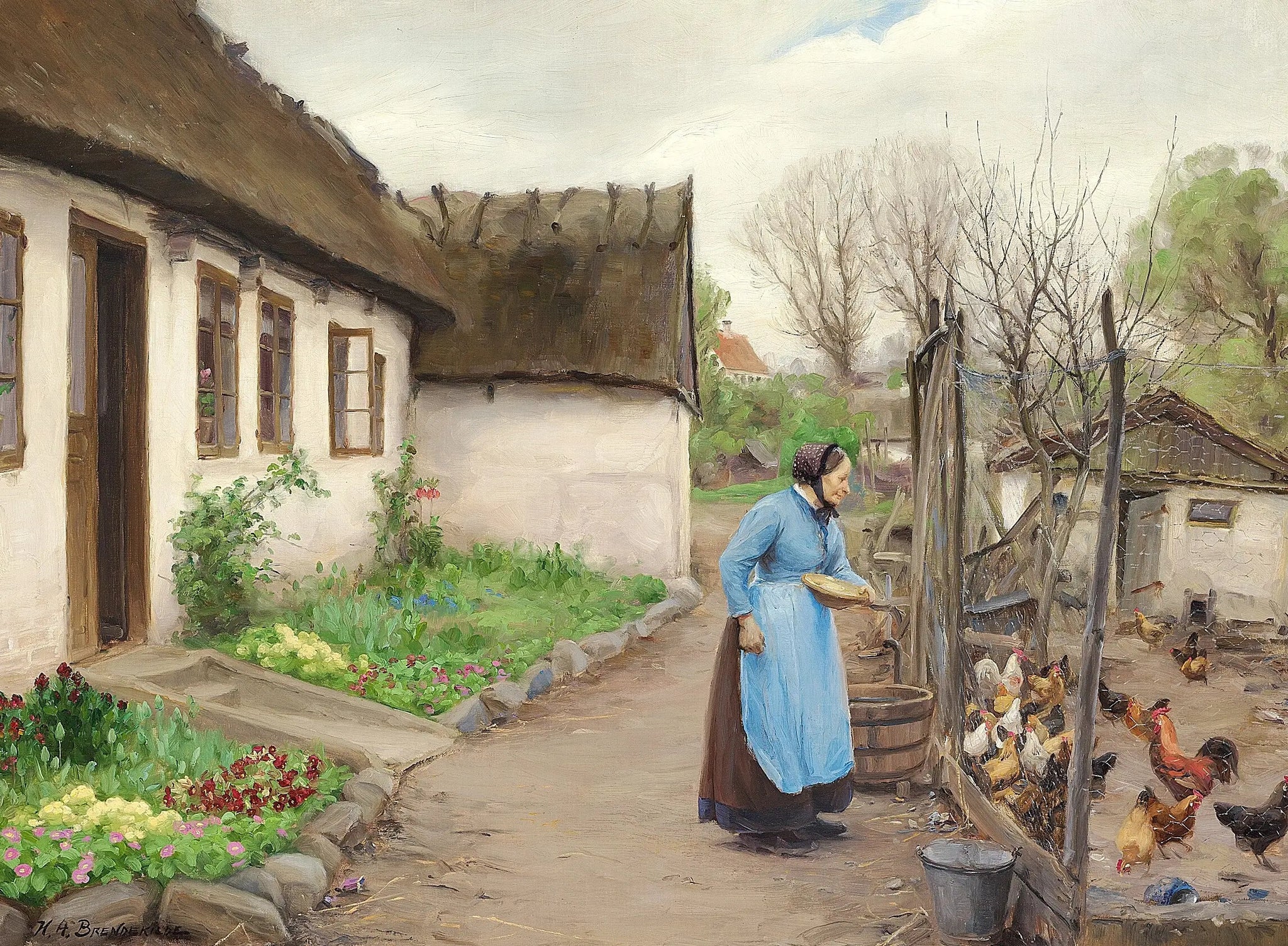 Une femme nourrissant des poules devant une ferme blanche et calcaire un jour d'automne. - H. A. Brendekilde image 1 reproduction d’œuvre d’art à l’huile