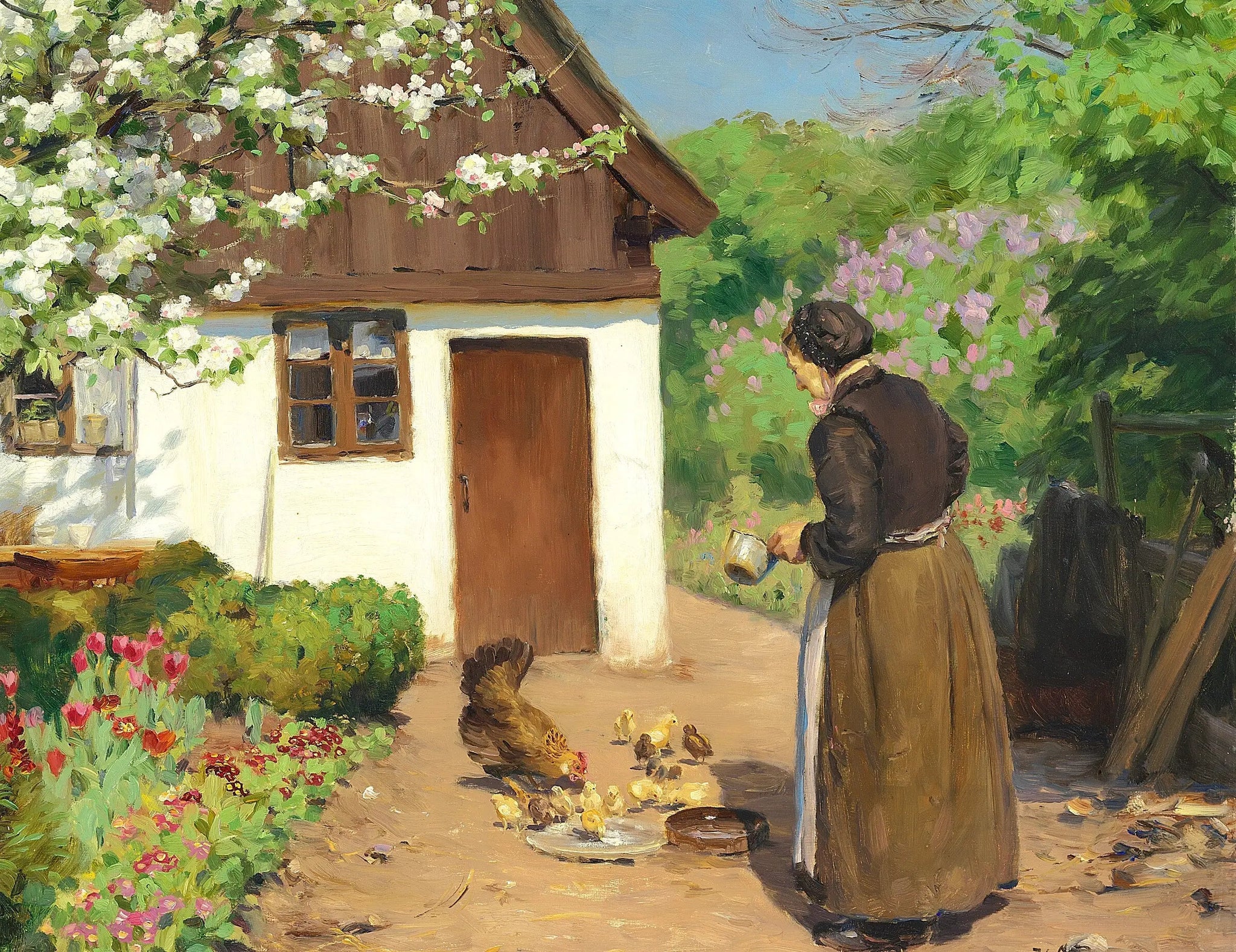 Une femme nourrit des poules devant une ferme blanche et calcaire un jour d'été. - H. A. Brendekilde image 1 reproduction artisanale de tableau