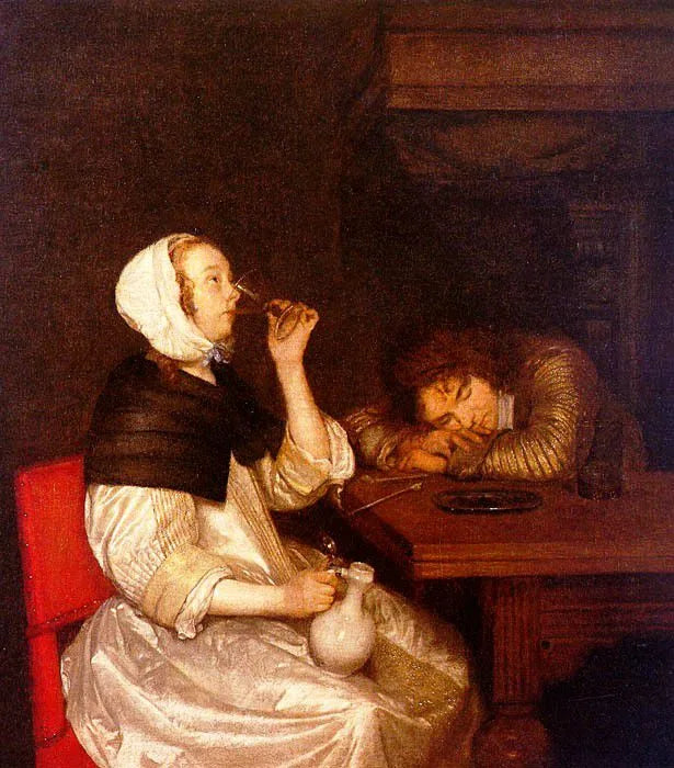 Une femme qui boit et un soldat endormi - Gerard ter Borch image 1 reproduction de peinture à l’huile