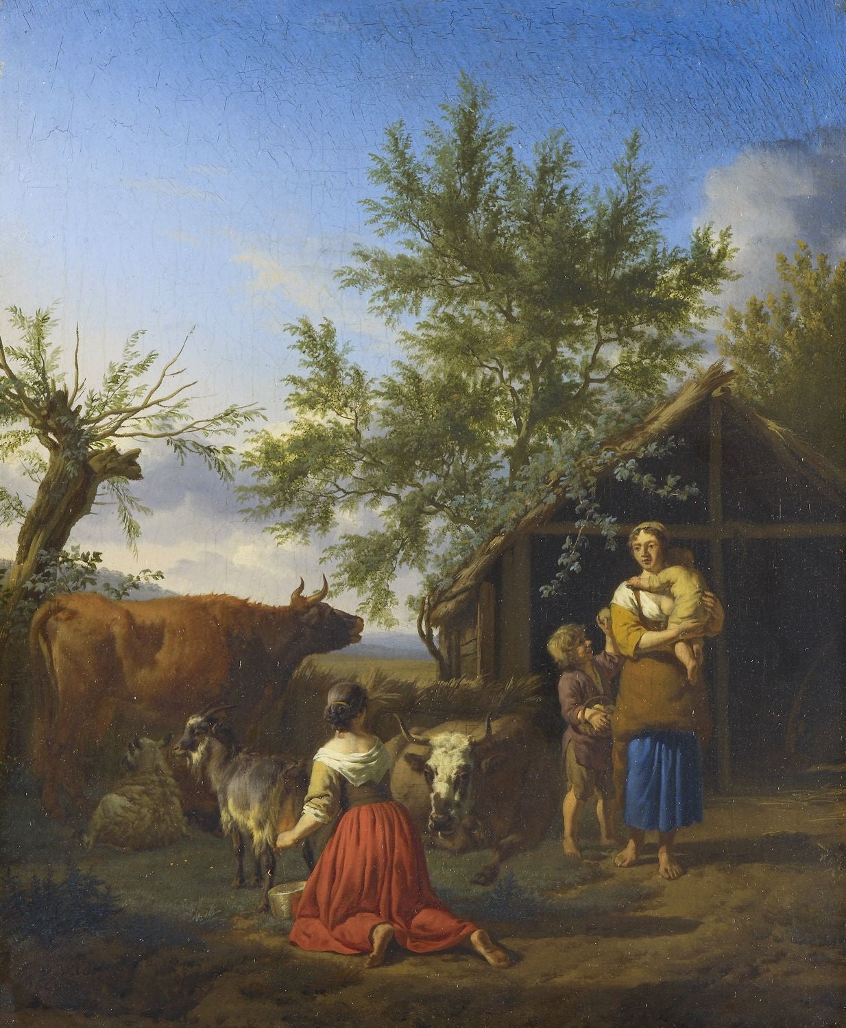 Une femme qui trait une chèvre devant une grange - Adriaen van de Velde image 1 reproduction artisanale de tableau