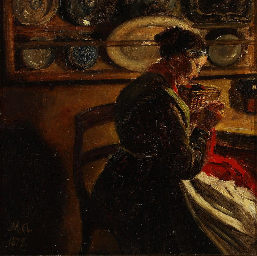 Une femme qui tricote dans une cuisine. - Michael Peter Ancher