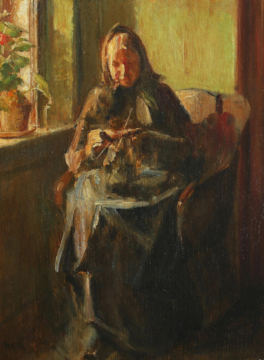 Une femme tricote dans une pièce baignée de soleil. - Michael Peter Ancher