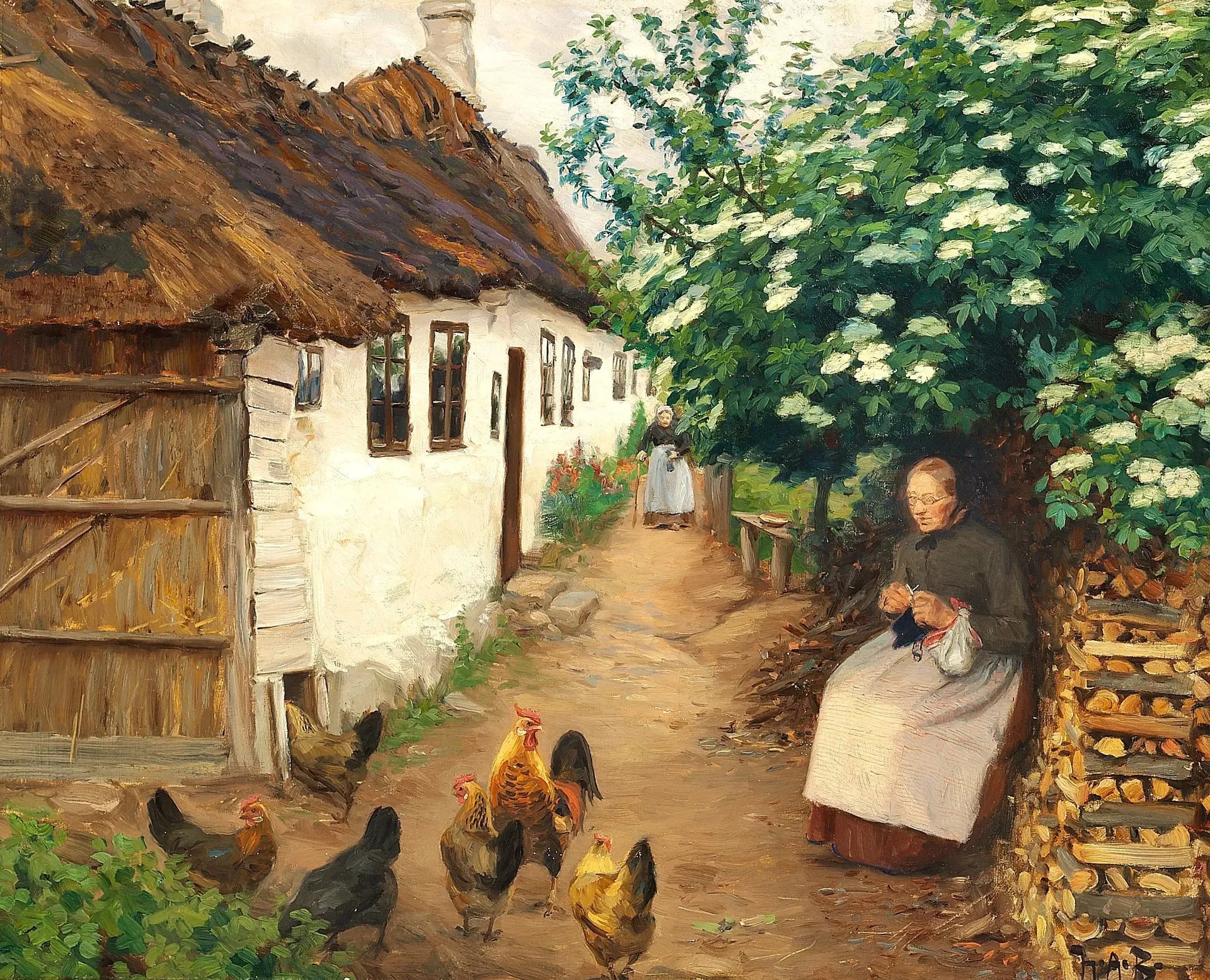 Une femme tricote près d'une vieille maison. - H. A. Brendekilde image 1 copie de tableau peinte à la main