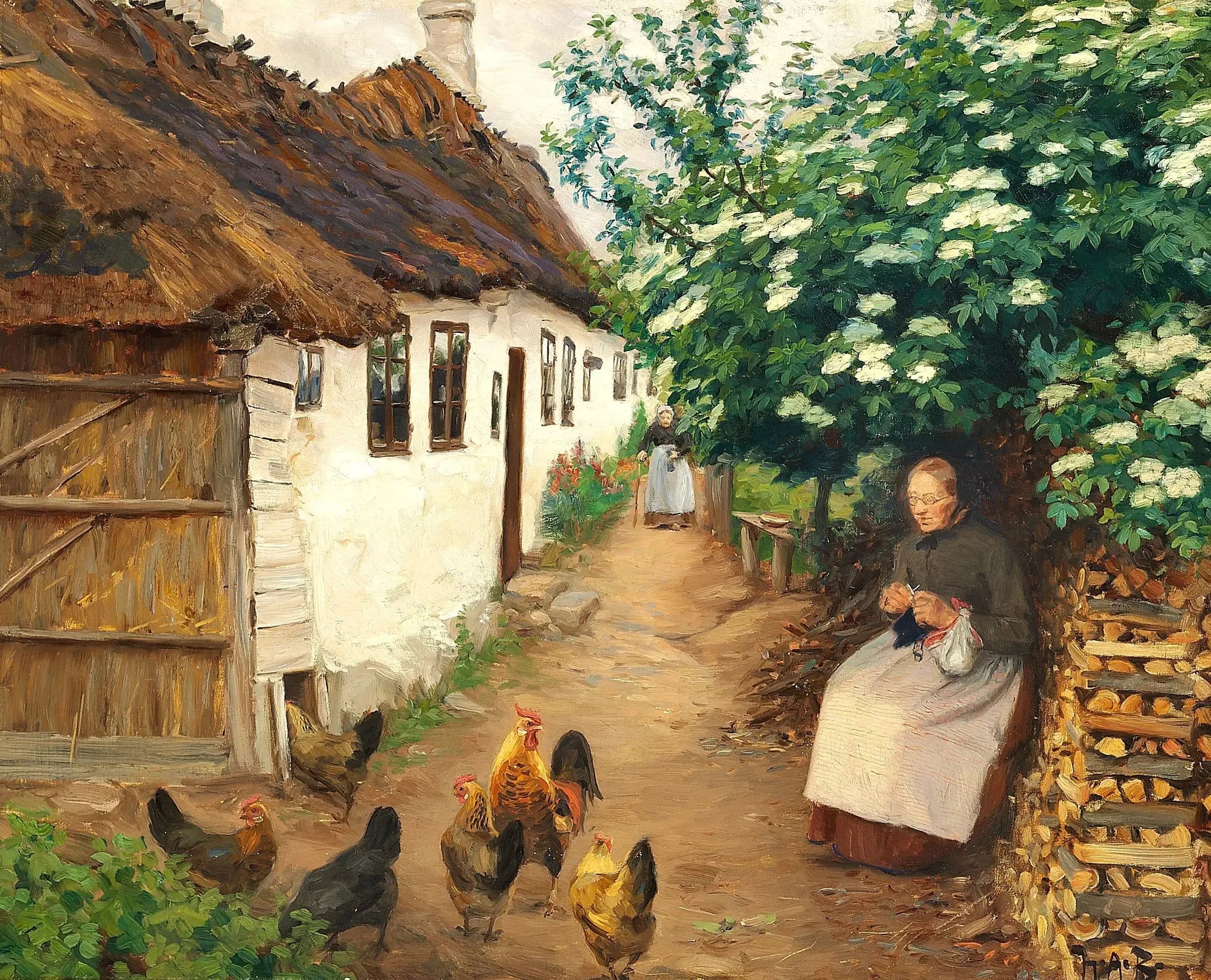 Une femme tricote près d'une vieille maison. - H. A. Brendekilde image 1 copie de tableau peinte à la main