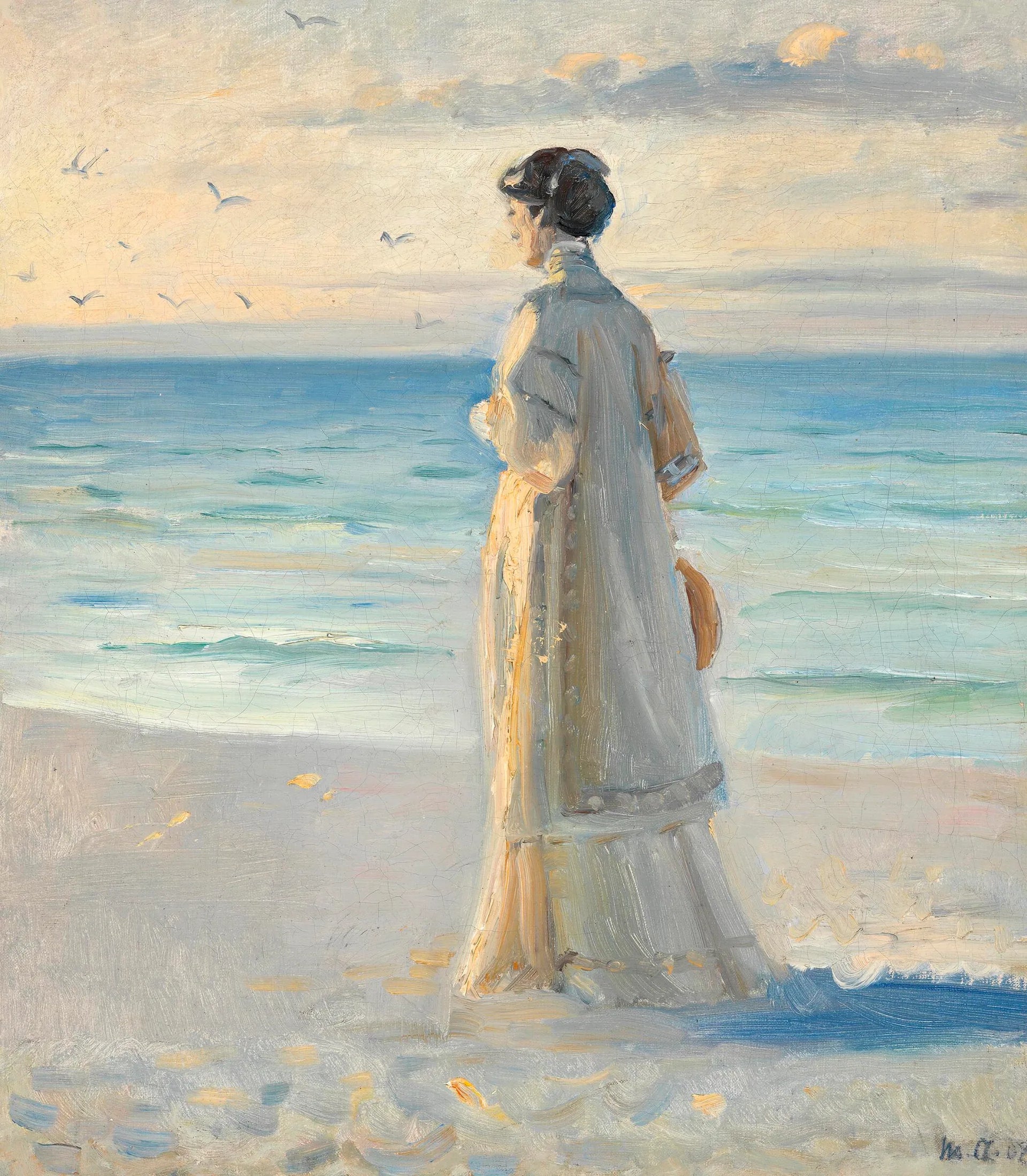 Une femme vêtue d'une longue robe d'été légère contemple la mer sur la plage de Skagen. - Michael Peter Ancher image 1 tableau peint à l’huile sur toile