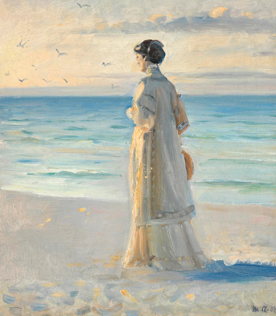 Une femme vêtue d'une longue robe d'été légère contemple la mer sur la plage de Skagen. - Michael Peter Ancher