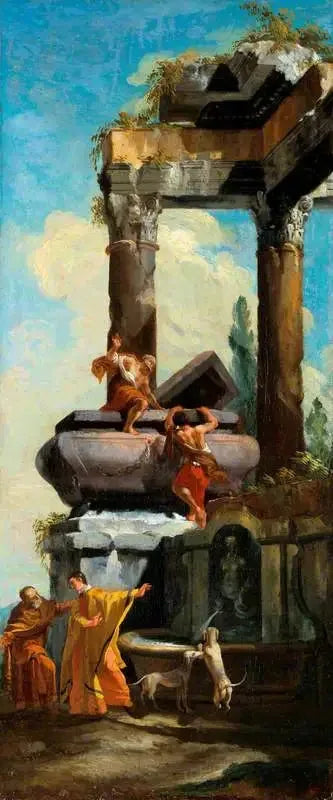 Une fontaine avec des ruines classiques - Giovanni Paolo Panini image 1 copie de tableau peinte à la main