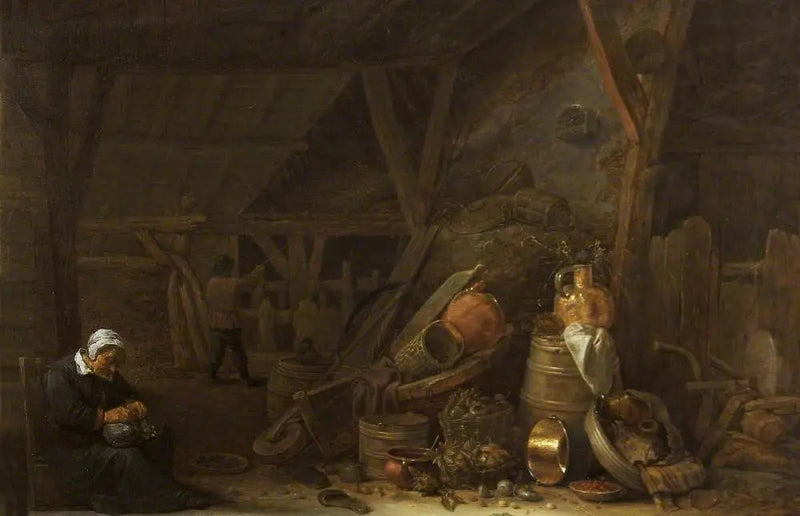 Une grange avec une nature morte d'ustensiles de cuisine et un cuisinier endormi - David Teniers le Jeune