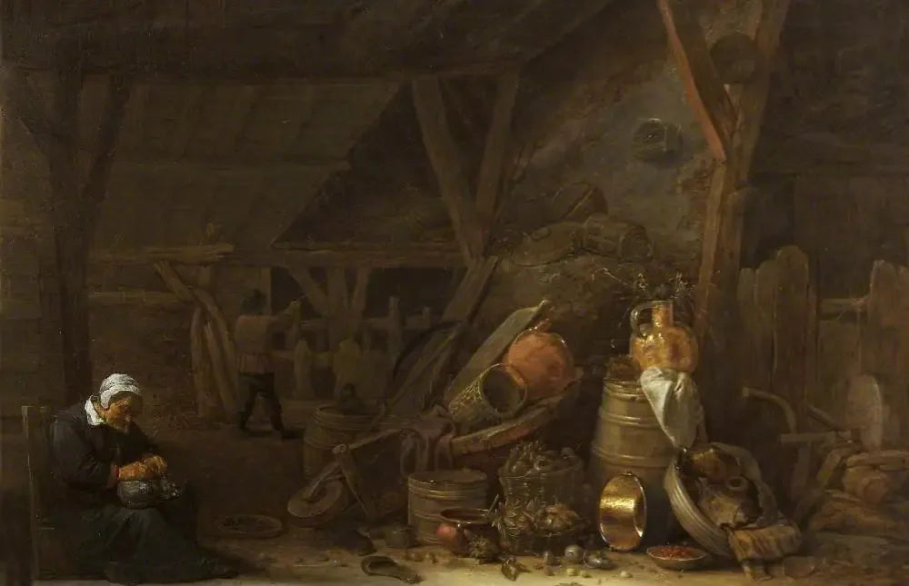 Une grange avec une nature morte d'ustensiles de cuisine et un cuisinier endormi - David Teniers le Jeune image 1 reproduction réalisée par Alpha Reproduction