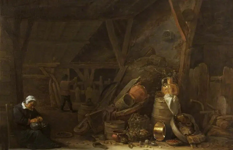 Une grange avec une nature morte d'ustensiles de cuisine et un cuisinier endormi - David Teniers le Jeune