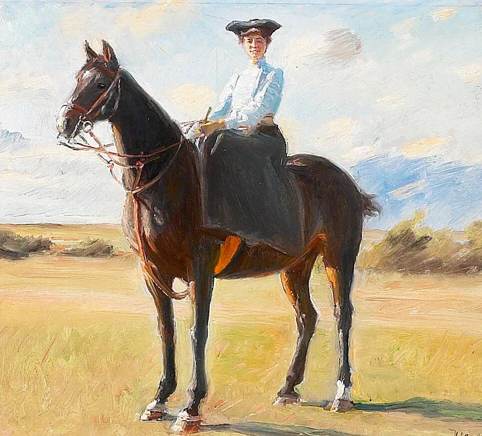 Une jeune femme à cheval. - Michael Peter Ancher image 1 reproduction réalisée par Alpha Reproduction