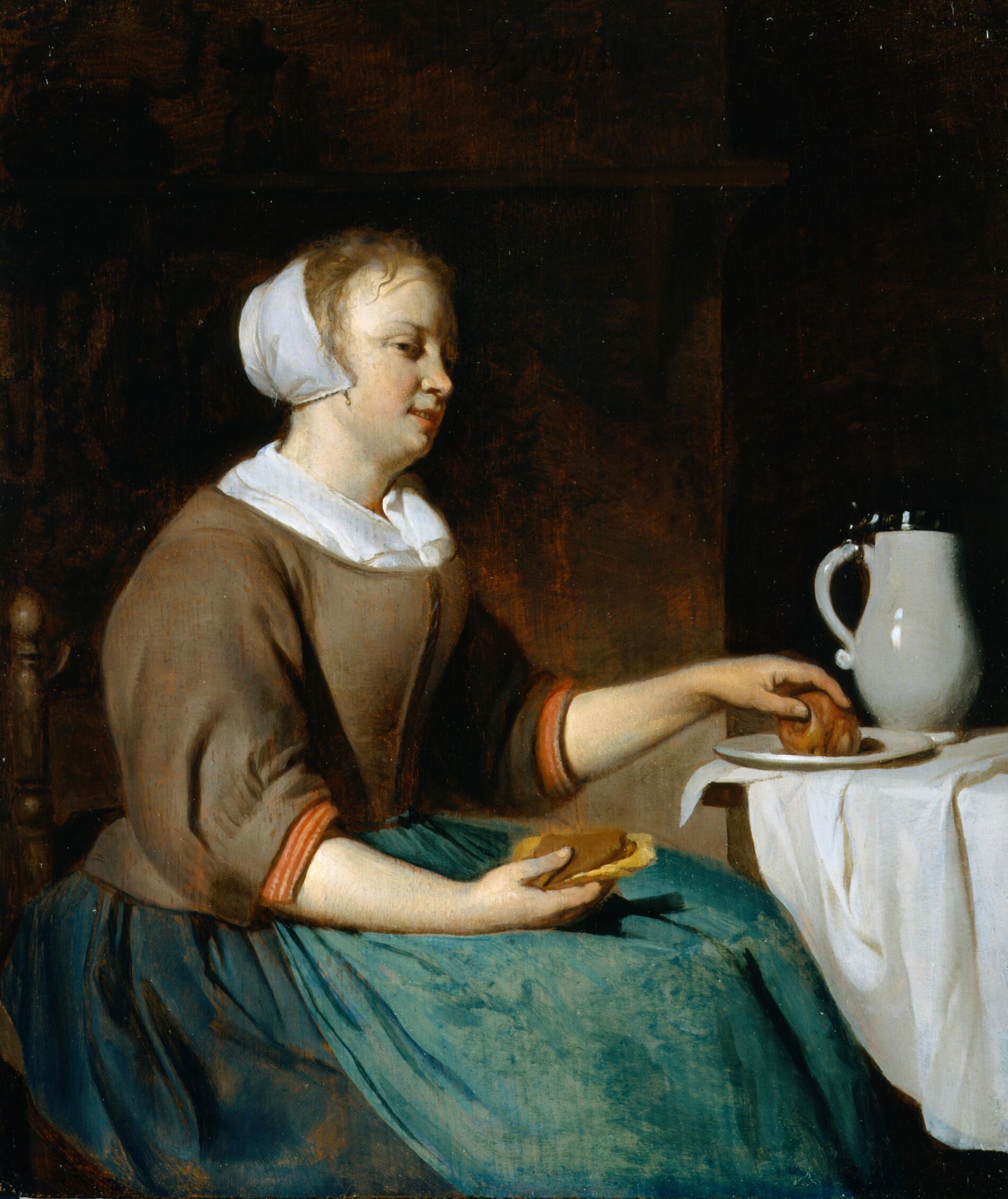 Une jeune femme au petit-déjeuner - Gabriel Metsu image 1 tableau peint à l’huile sur toile