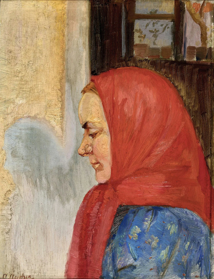 Une jeune femme de Skagen portant une écharpe rouge, vue de profil. - Anna Ancher