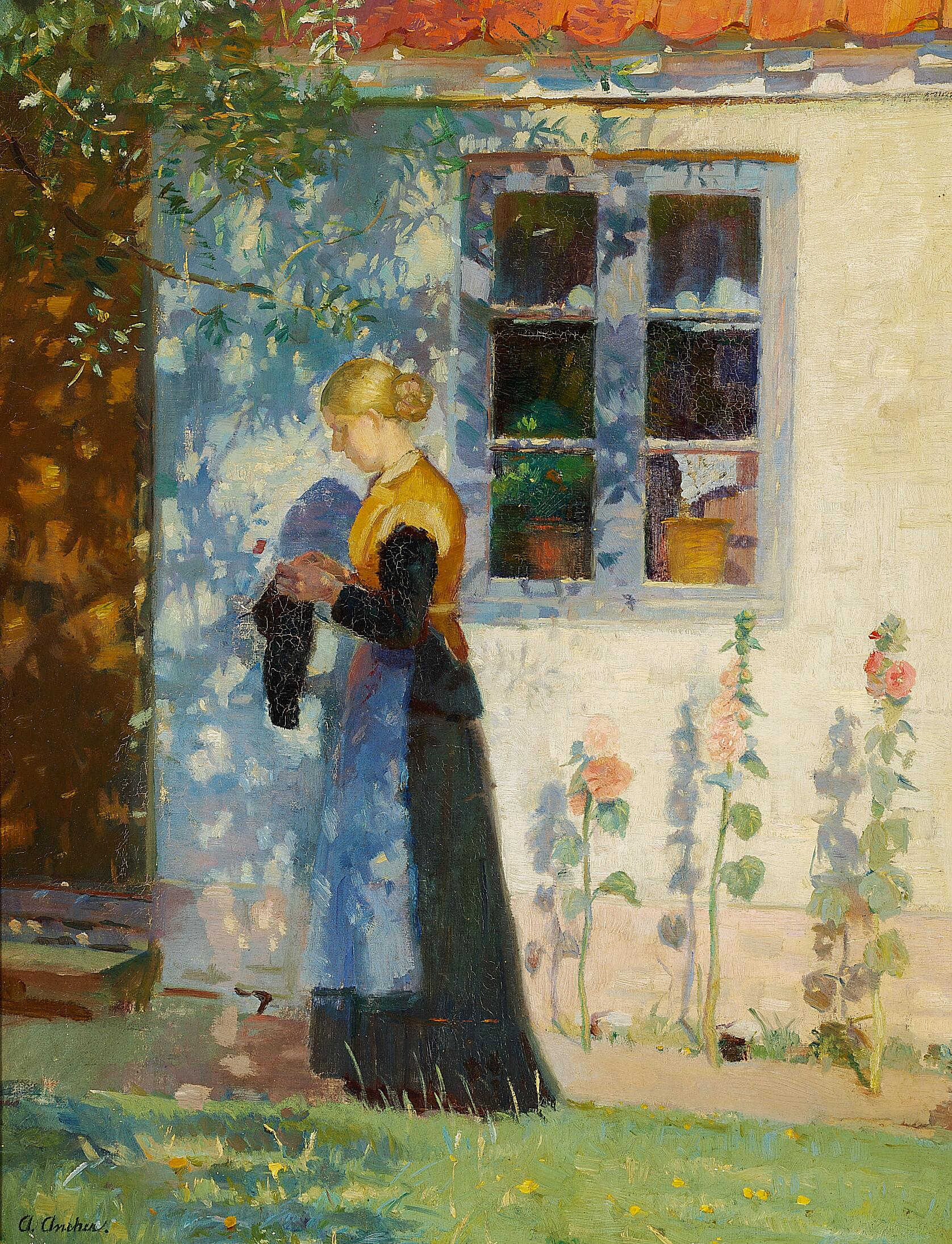Une jeune femme debout devant une maison à Skagen. - Anna Ancher image 1 reproduction de peinture à l’huile