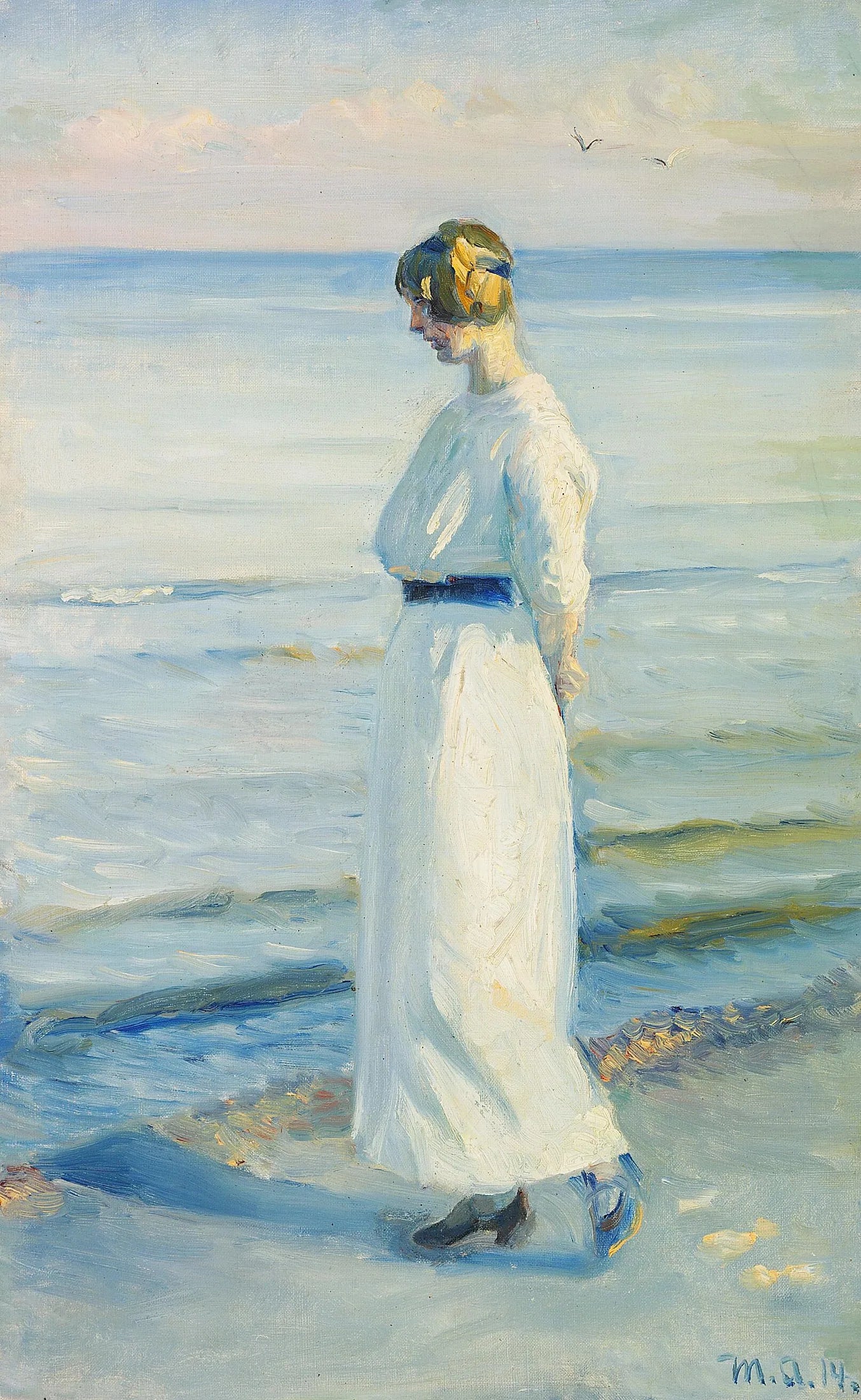Une jeune femme en robe d'été blanche sur la plage de Skagen. - Michael Peter Ancher image 1 copie peinte à la main à l’huile