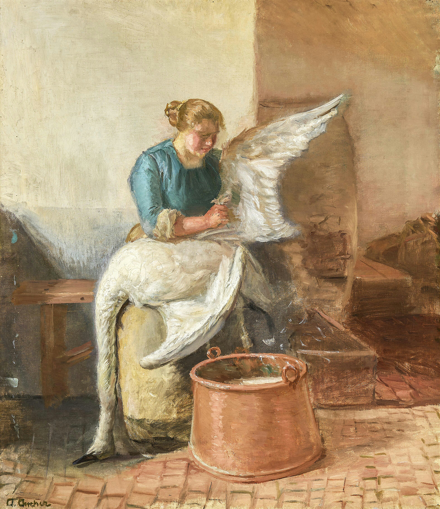 Une jeune femme plumant un cygne. - Anna Ancher