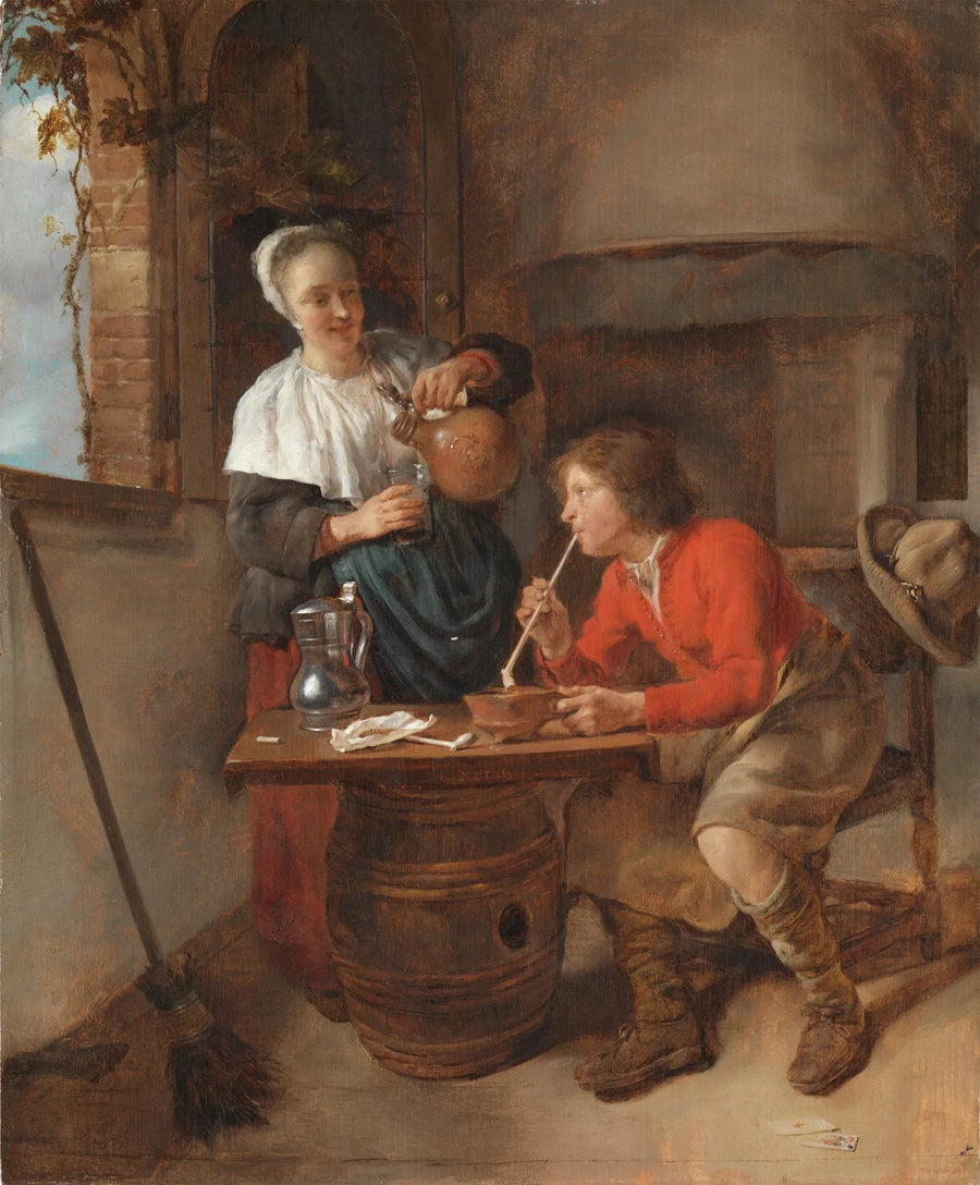 Une jeune femme sert de la bière et un jeune homme fume. - Gabriel Metsu