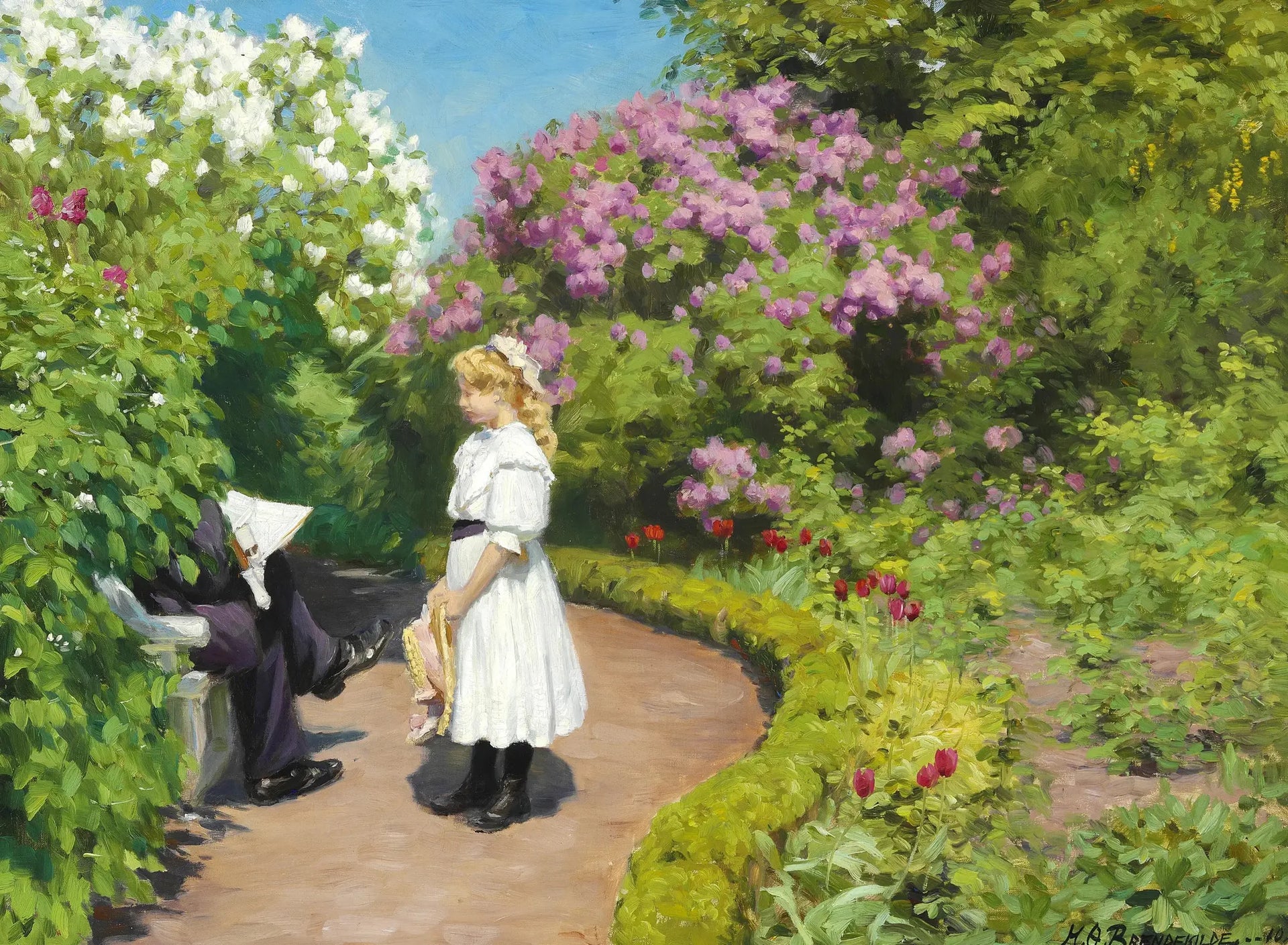 Une jeune fille avec un chapeau de paille, vêtue d'une robe d'été blanche - H. A. Brendekilde image 1 reproduction artisanale de tableau