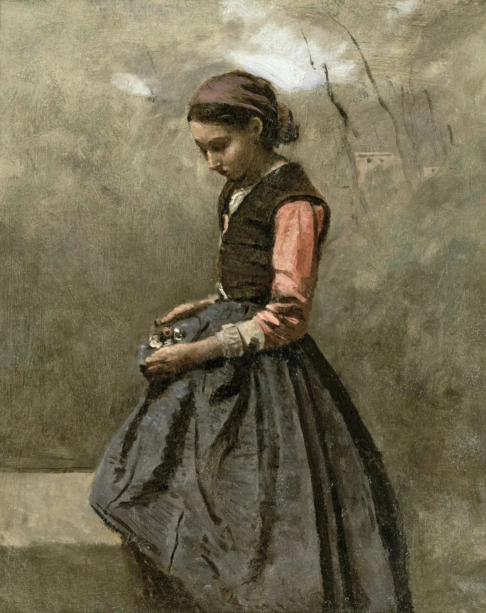 Une jeune fille pensive - Jean-Baptiste Camille Corot image 1 copie peinte à la main à l’huile