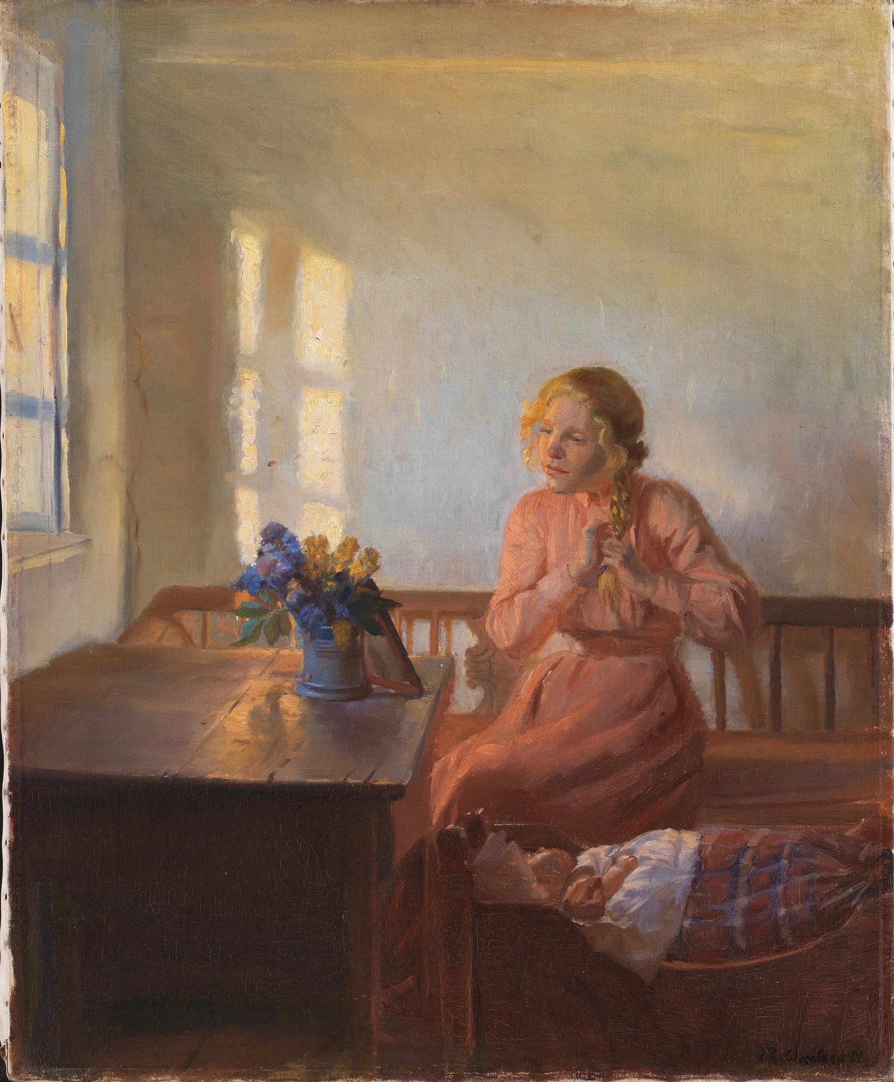 Une jeune fille se tresse les cheveux - Anna Ancher image 1 reproduction de peinture à l’huile