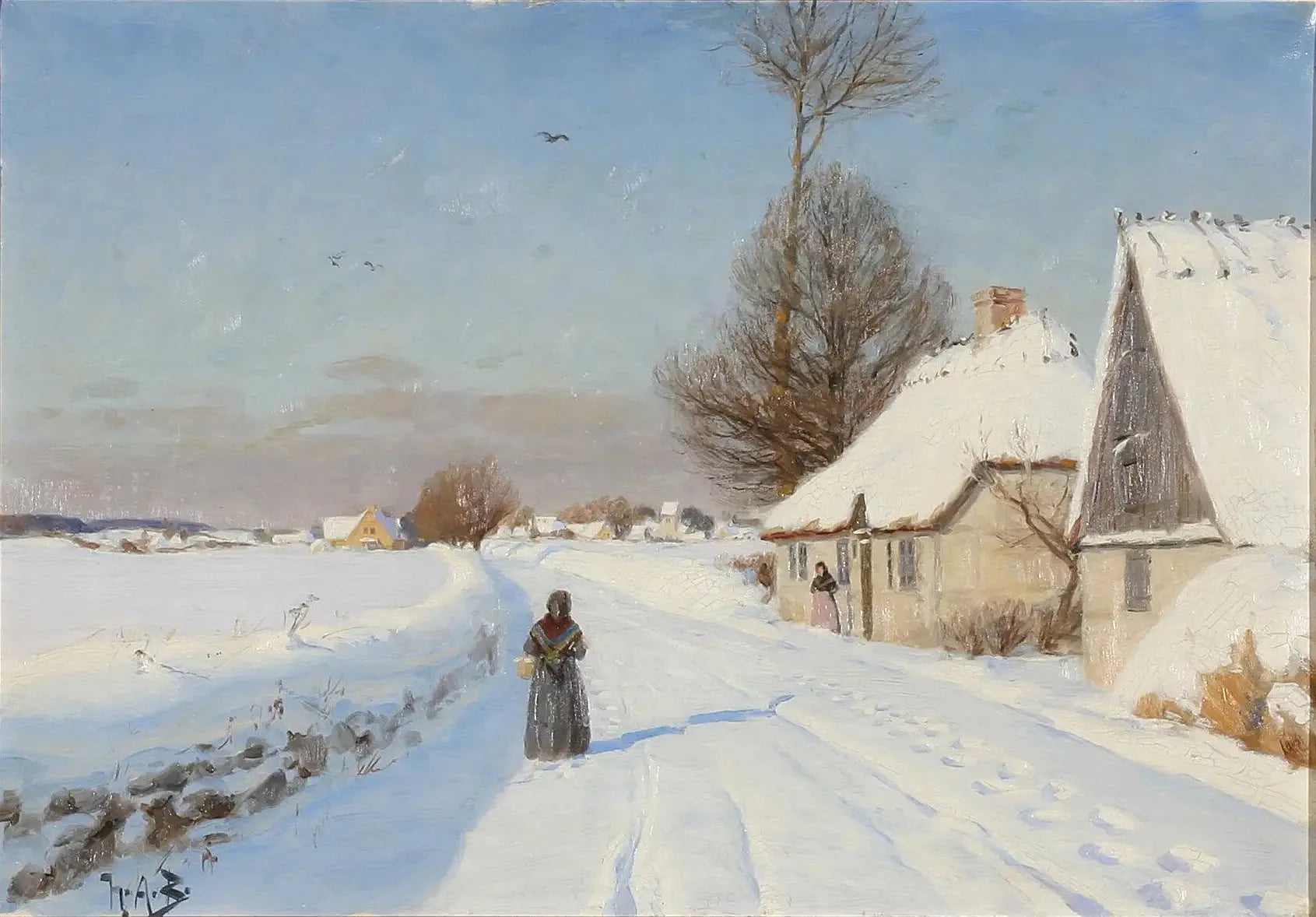 Une journée d'hiver dans un village, montrant des personnes près de maisons au toit de chaume. - H. A. Brendekilde image 1 tableau peint à l’huile sur toile