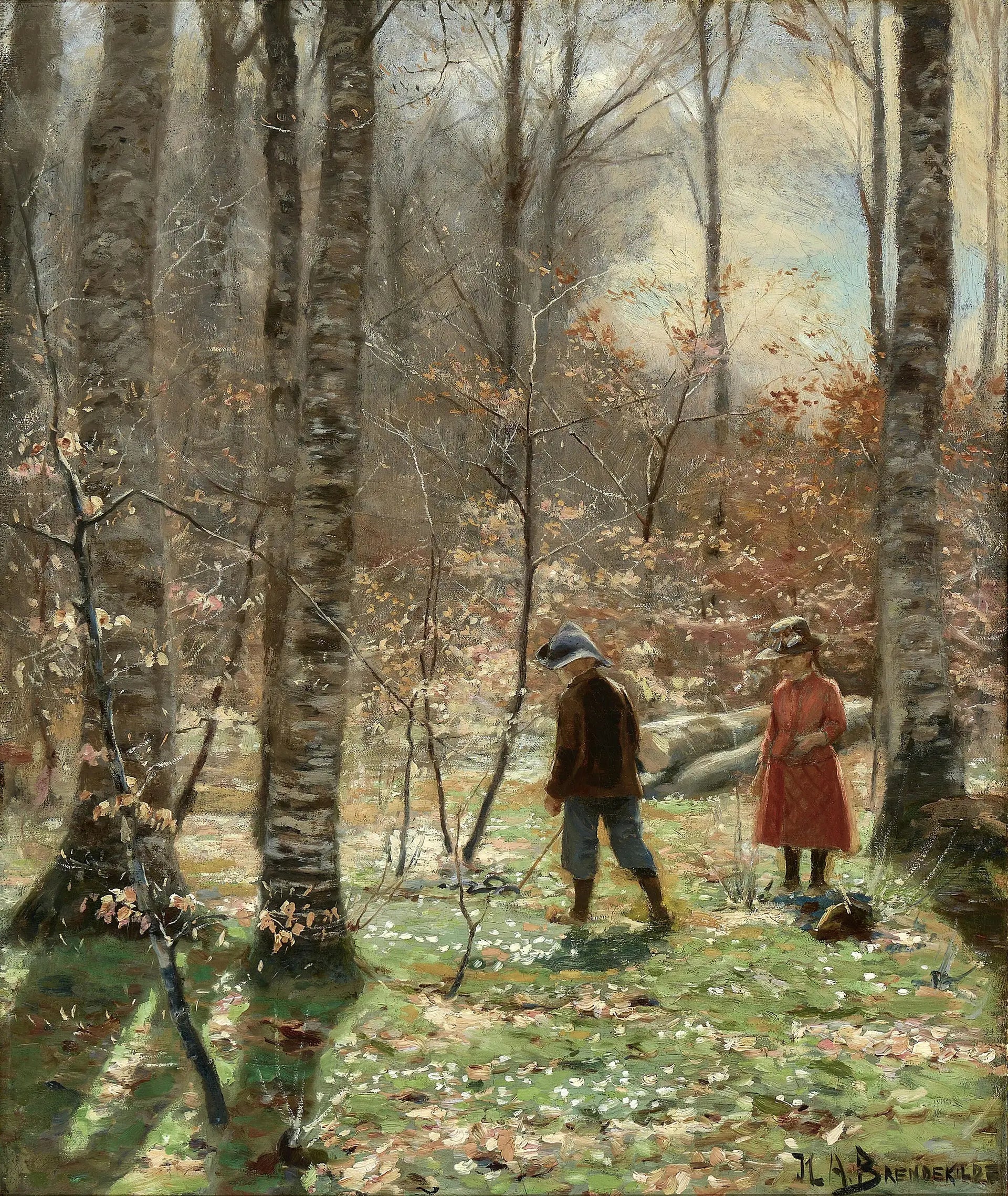 Une journée de printemps dans la forêt avec un garçon et une fille cueillant des anémones. - H. A. Brendekilde image 1 tableau peint à l’huile sur toile
