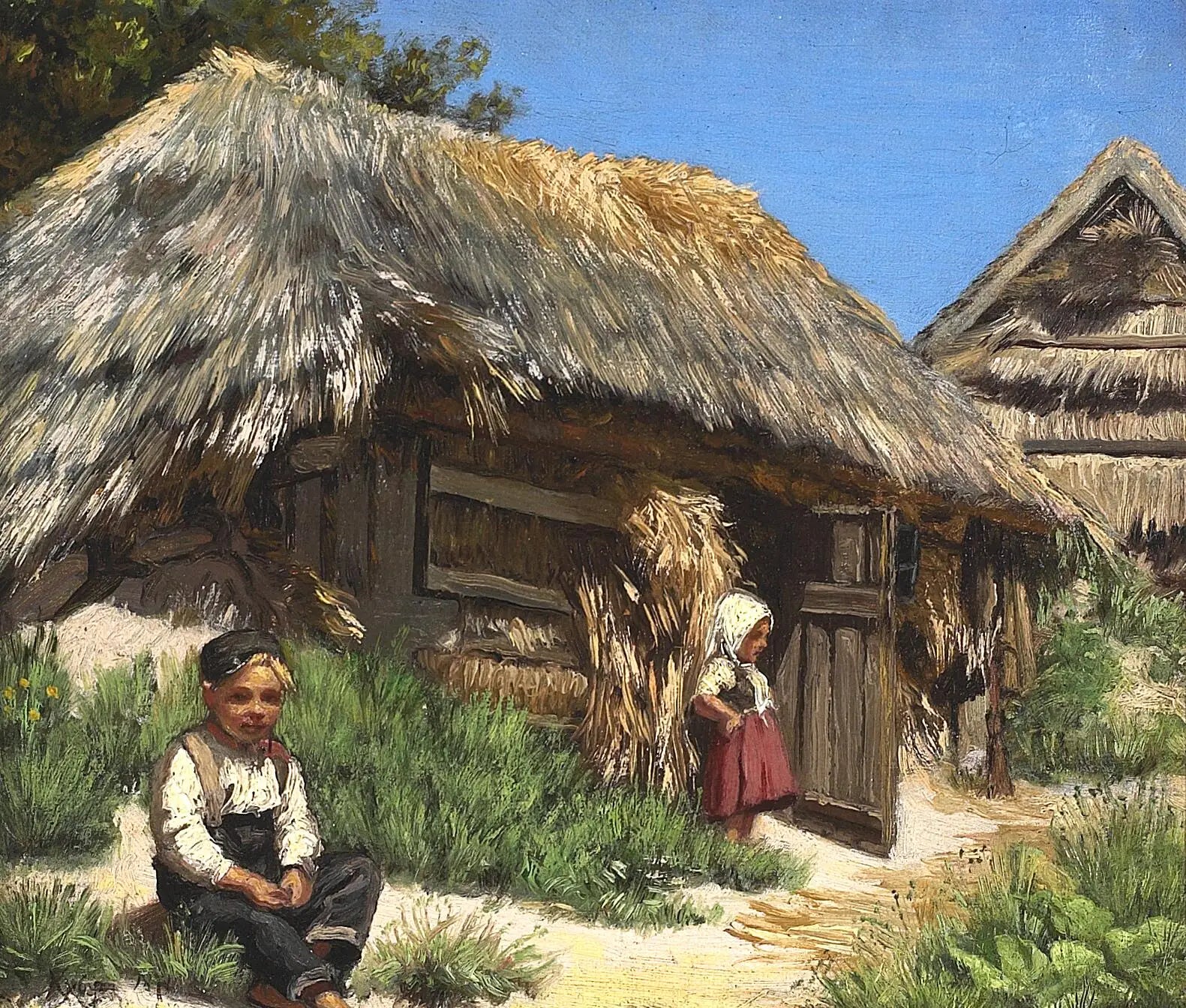 Une maison au toit de chaume. Journée d'été sous un ciel bleu et chaud. Organisée avec deux enfants. - Peder Severin Krøyer image 1 reproduction de peinture à l’huile