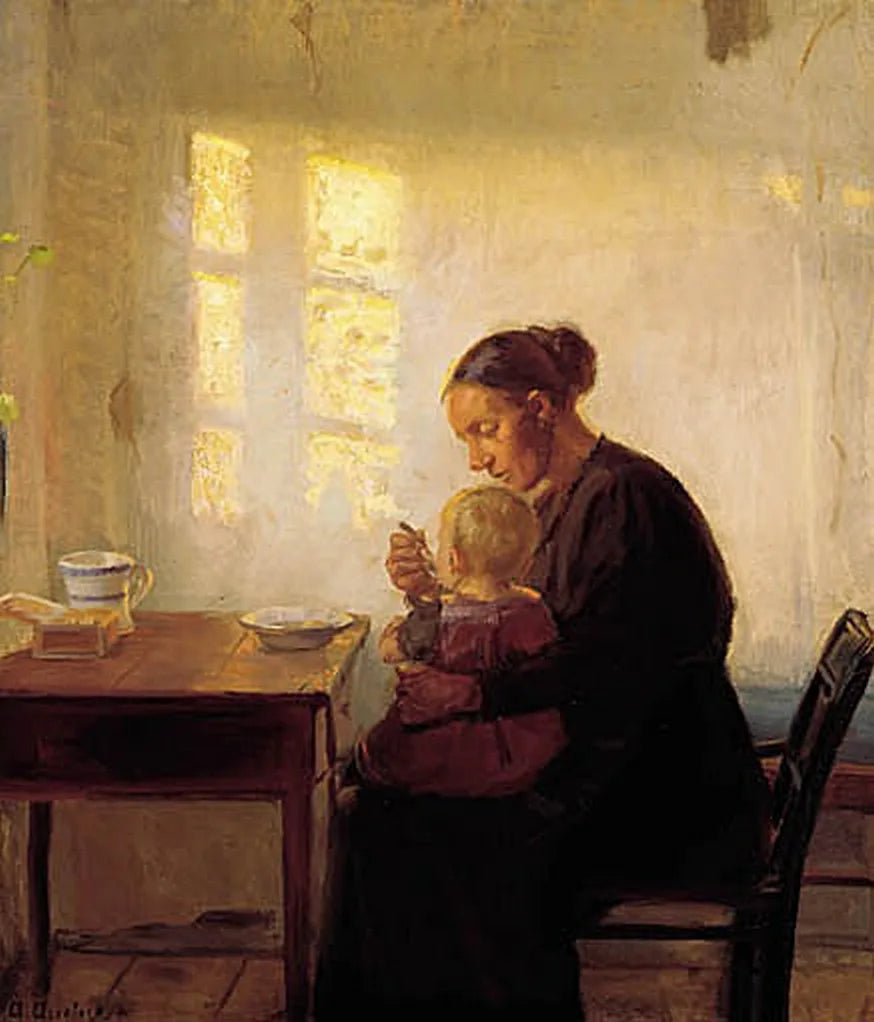 Une mère avec son enfant dans une pièce baignée de soleil. - Anna Ancher image 1 reproduction de peinture à l’huile