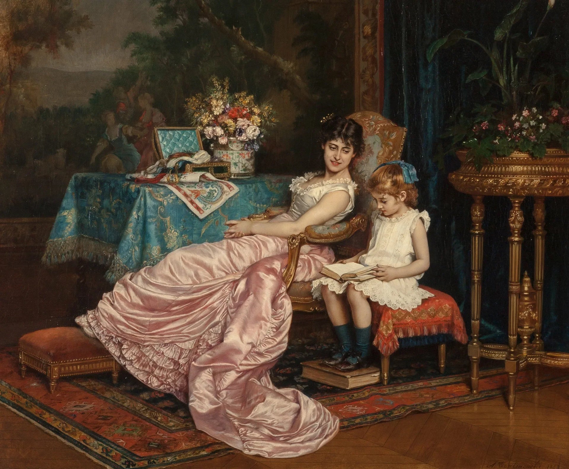 Une mère et sa fille qui lisent - Auguste Toulmouche image 1 copie de tableau peinte à la main