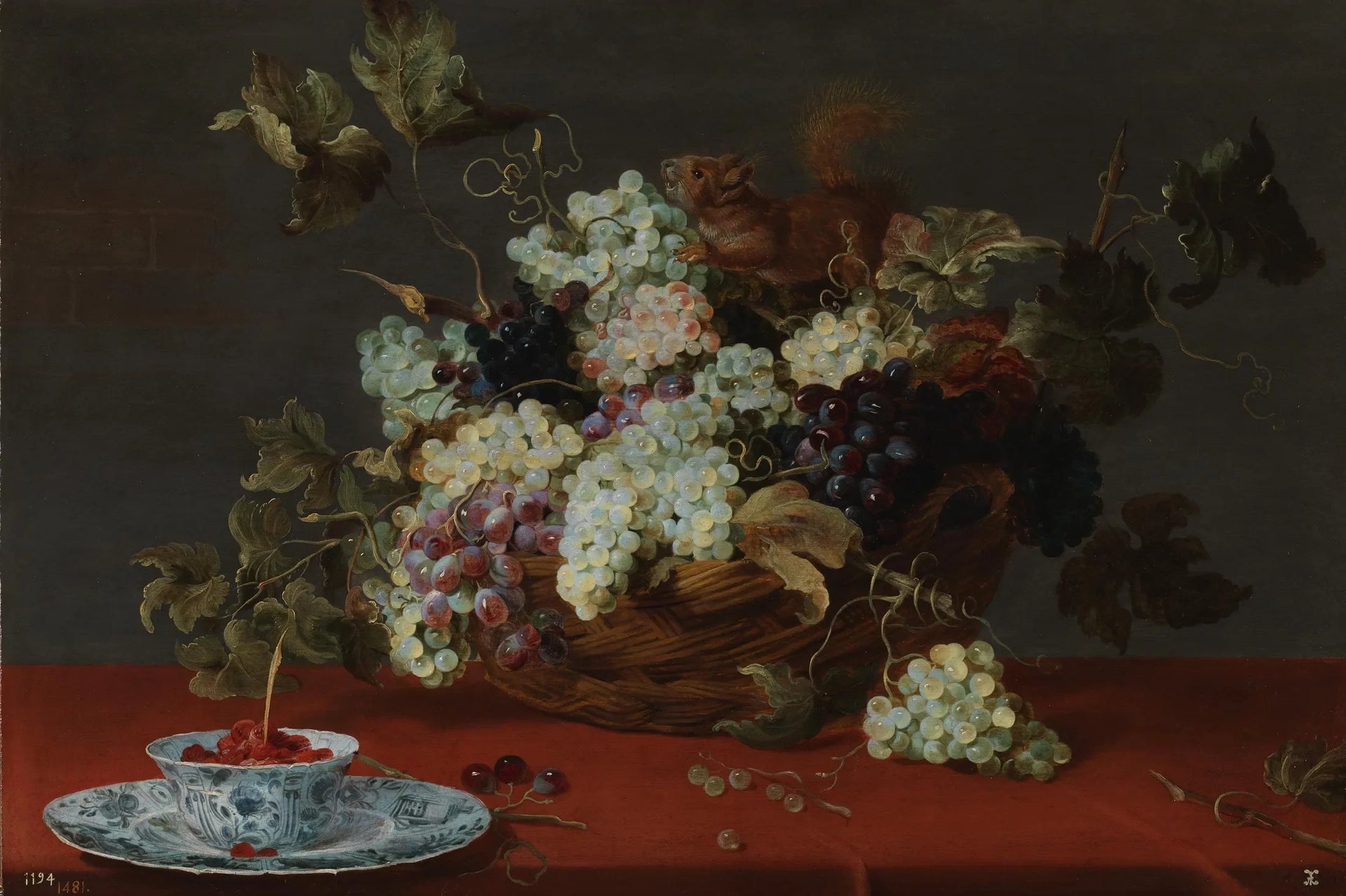 Une nature morte de fruits avec un panier de raisins et un écureuil sur une table - Frans Snyders image 1 reproduction d’œuvre d’art à l’huile