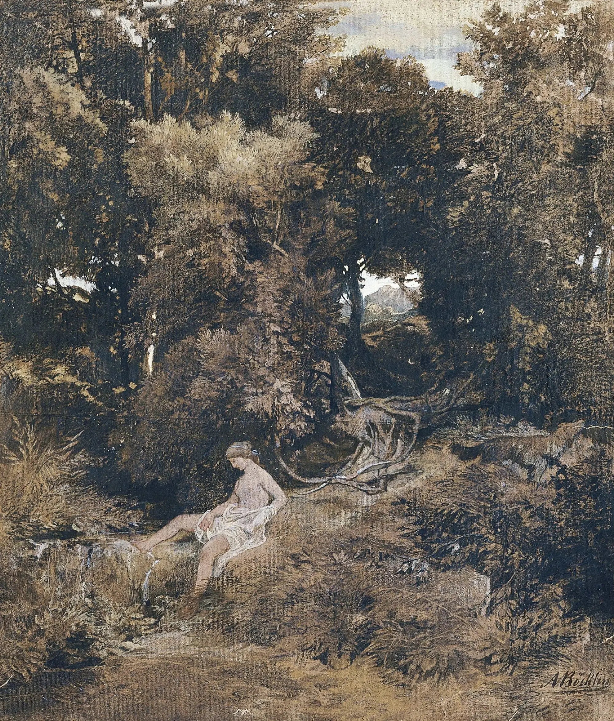 Une nymphe à la fontaine (Pan, À la poursuite d'une nymphe) - Arnold Böcklin image 1 copie de tableau peinte à la main