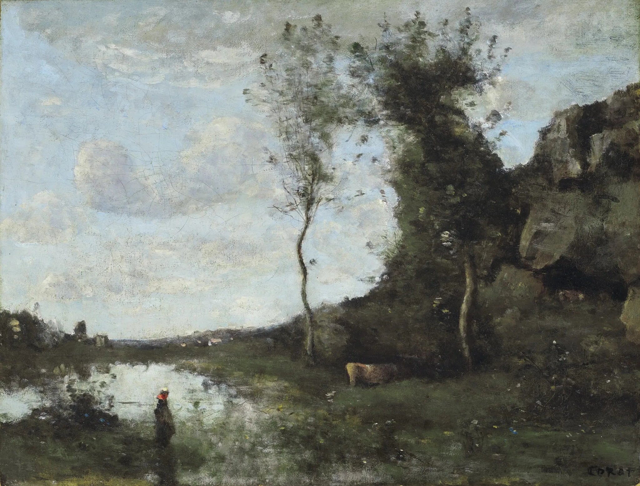 Une paysanne et sa vache à la mare en vue d'un village - Jean-Baptiste Camille Corot image 1 copie de tableau peinte à la main