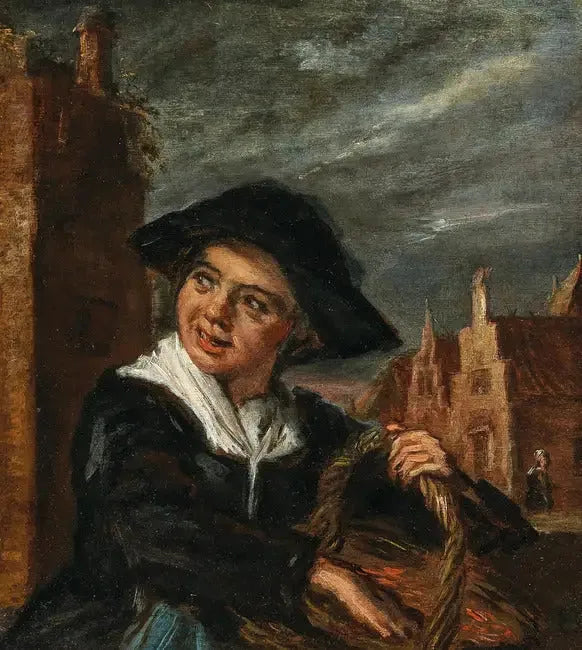 Une pêcheuse devant une place de ville - Frans Hals image 1 reproduction artisanale de tableau