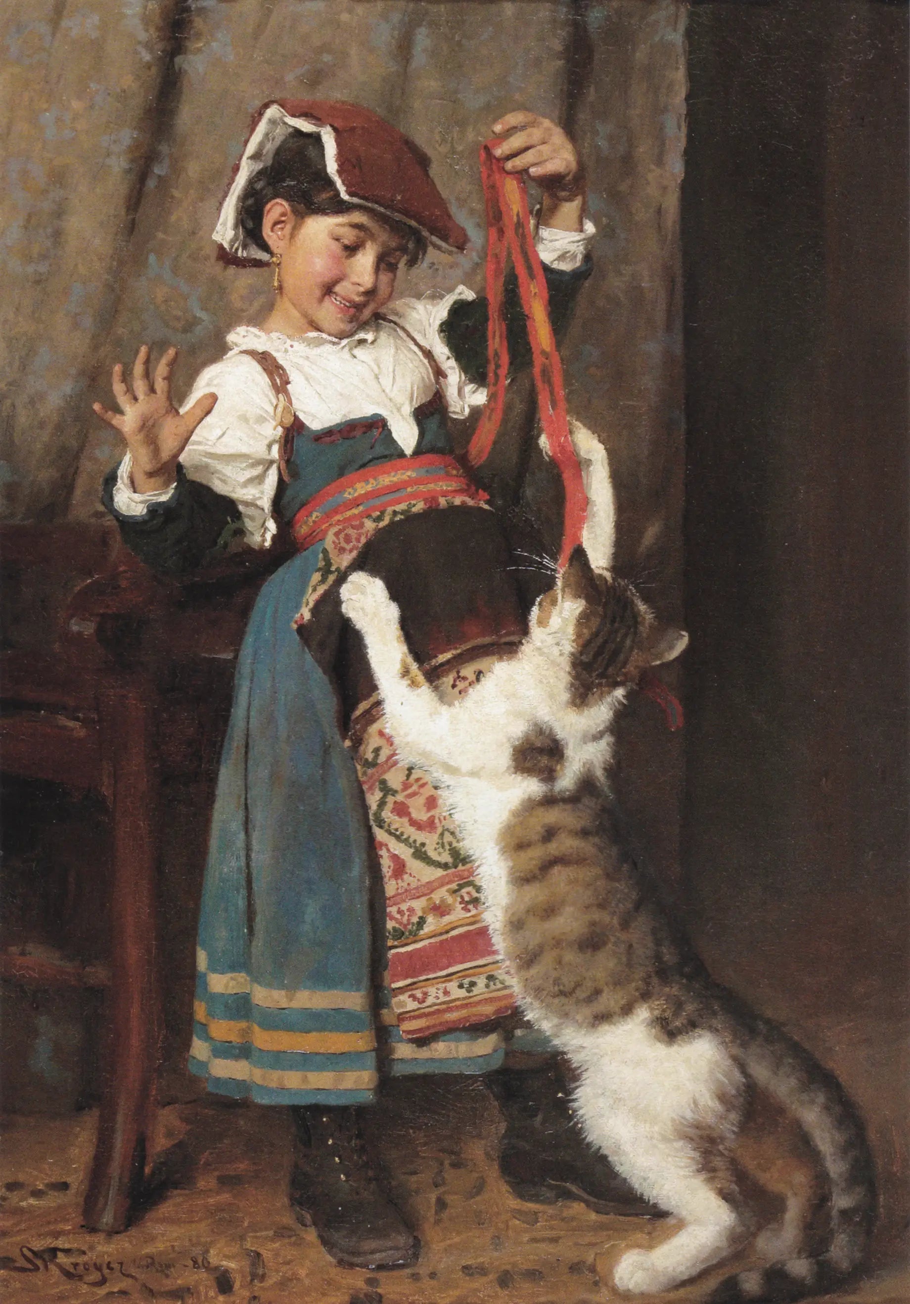 Une petite fille en robe paysanne, jouant avec un chat. - Peder Severin Krøyer image 1 copie peinte à la main à l’huile