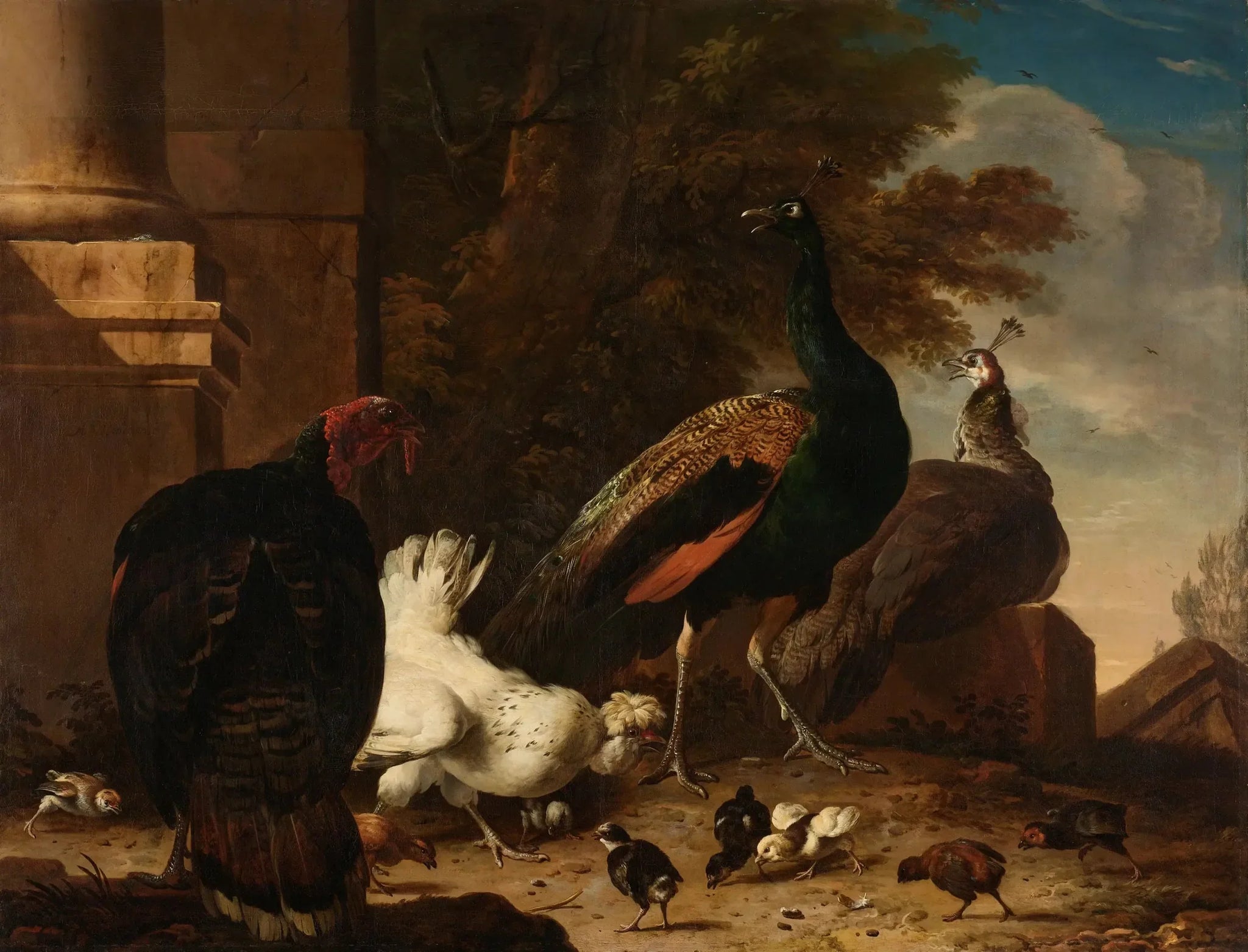 Une poule avec des paons et une dinde - Melchior de Hondecoeter image 1 tableau peint à l’huile sur toile
