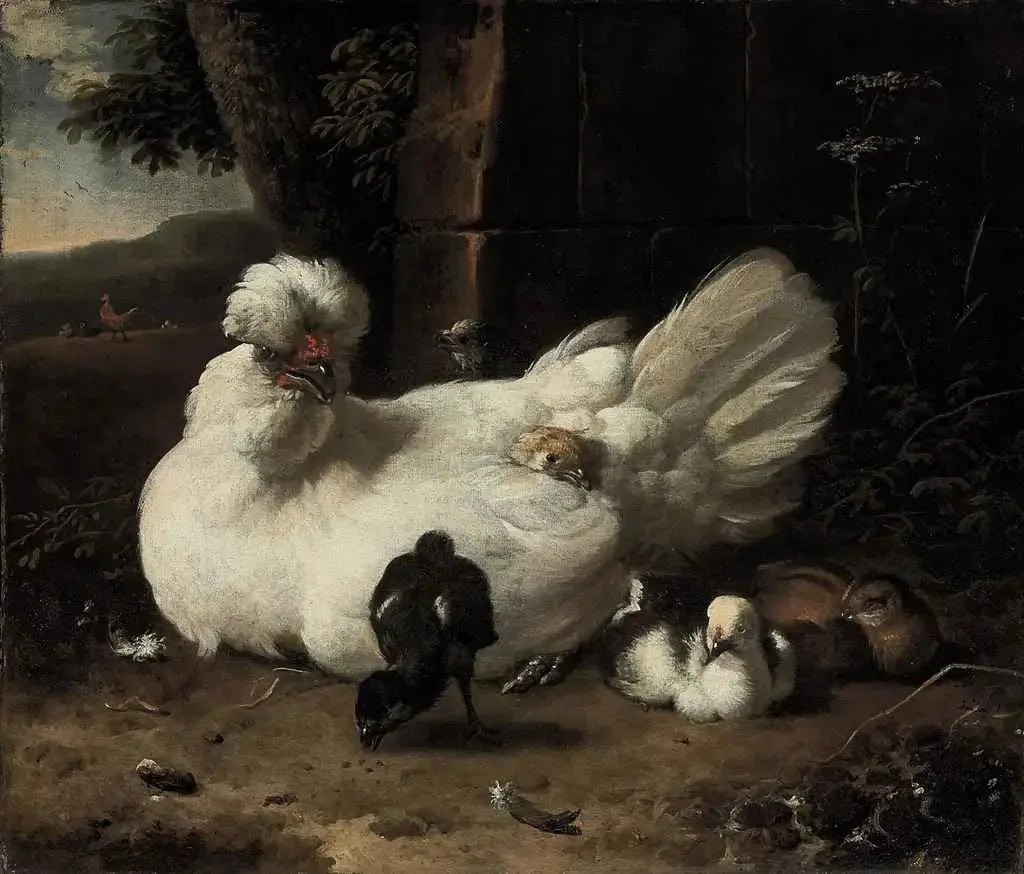 Une poule avec des poussins dans un paysage - Melchior de Hondecoeter image 1 reproduction de peinture à l’huile