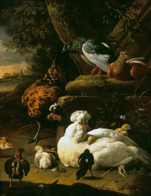 Une poule avec des poussins, un coq et des pigeons dans un paysage - Melchior de Hondecoeter image 1 copie de tableau peinte à la main