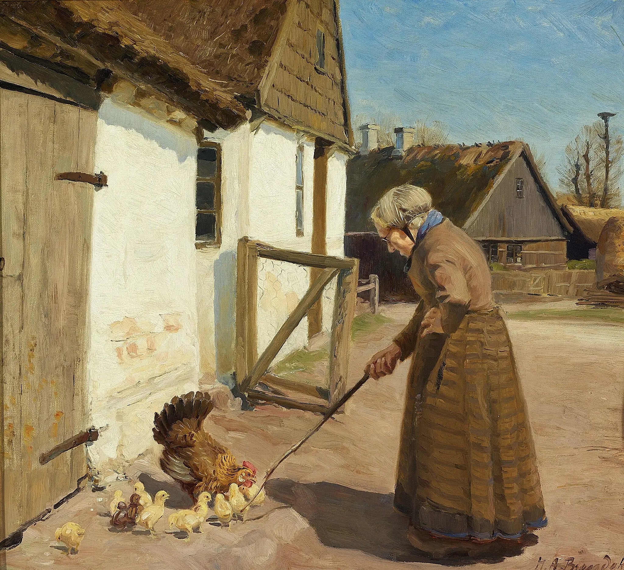 Une poule avec ses poussins. - H. A. Brendekilde image 1 reproduction de peinture à l’huile