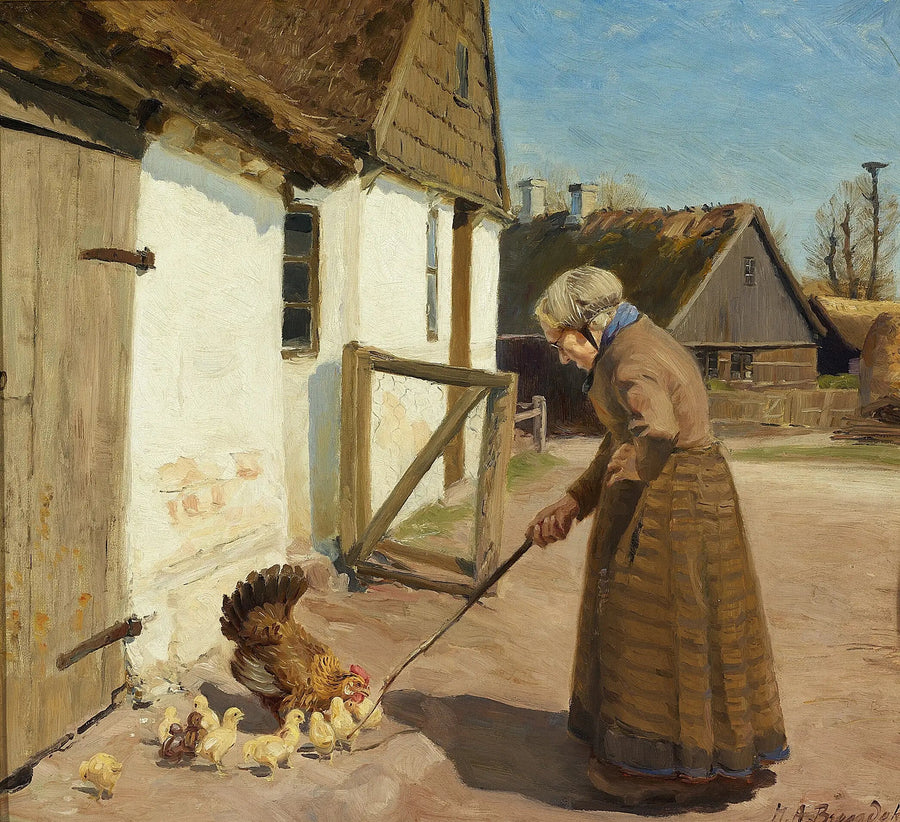 Une poule avec ses poussins. - H. A. Brendekilde