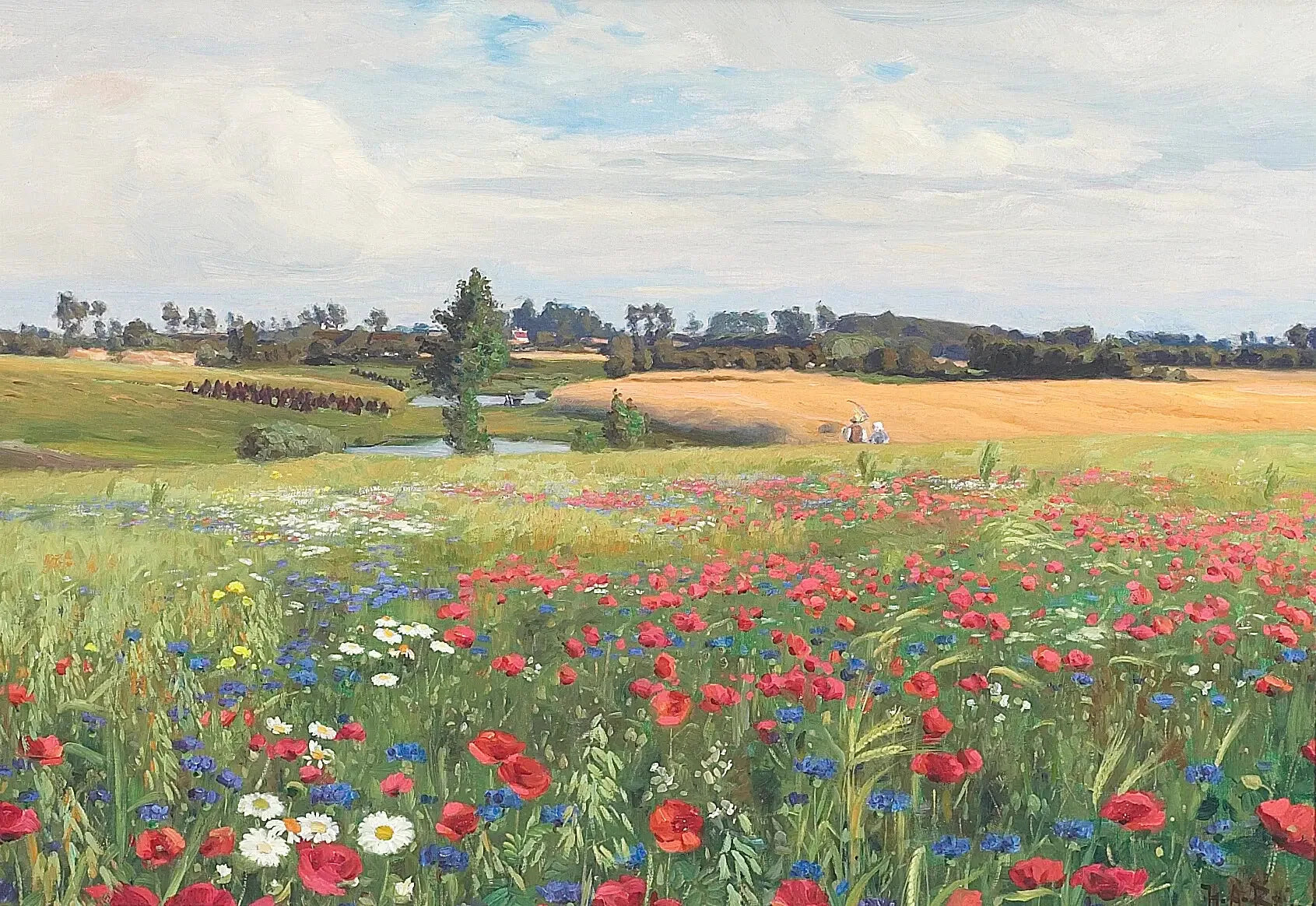 Une prairie en fleurs, avec des coquelicots, des leucanthèmes et des bleuets. - H. A. Brendekilde image 1 reproduction artisanale de tableau