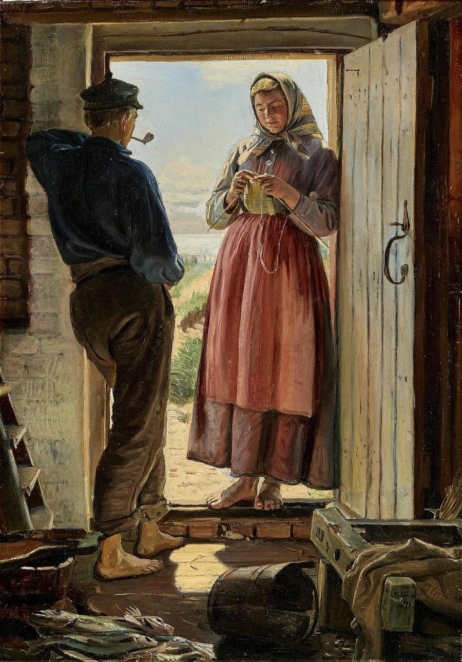 Une proposition. Un jeune pêcheur et une jeune femme tricotent dans l'embrasure d'une porte. - Michael Peter Ancher