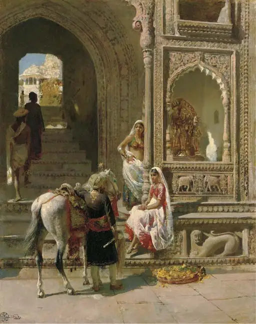 Une réunion à l'entrée d'un temple à Mathura - Edwin Lord Weeks image 1 tableau peint à l’huile sur toile