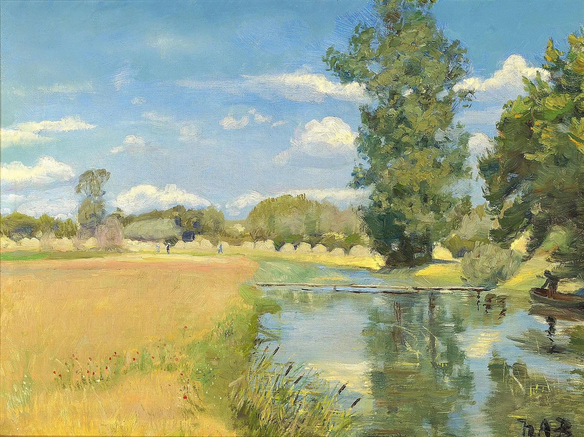 Une rivière traversant un paysage au moment des récoltes. - H. A. Brendekilde image 1 reproduction de peinture à l’huile