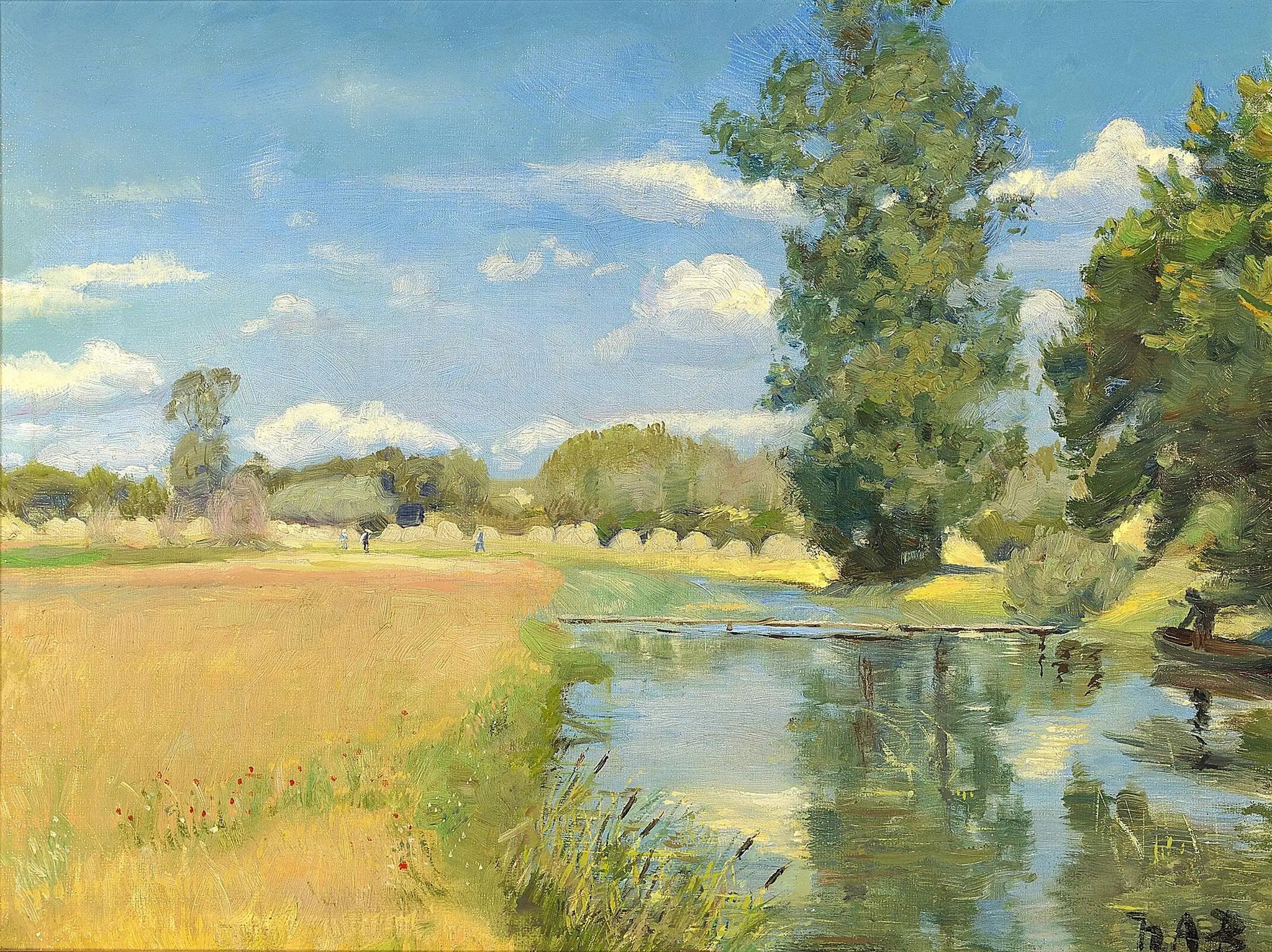 Une rivière traversant un paysage au moment des récoltes. - H. A. Brendekilde image 1 reproduction de peinture à l’huile